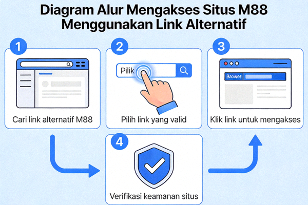 Diagram alur cara mengakses situs M88 menggunakan link alternatif yang tersedia