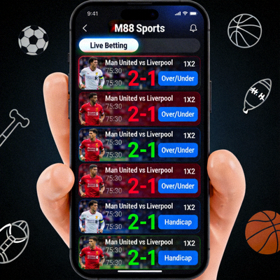 Halaman taruhan live M88 Sports di ponsel dengan update skor real-time