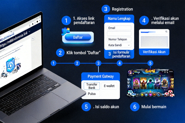 Infografis alur pendaftaran akun M88 Indonesia dari akses link hingga mulai bermain